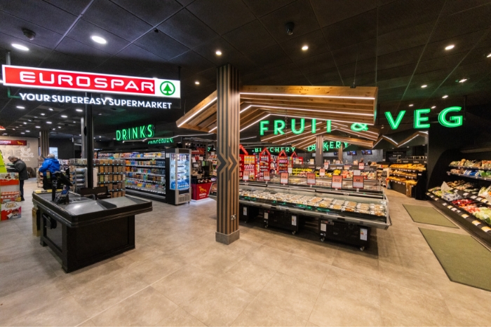 Eurospar store interior showing Fruit and veg section