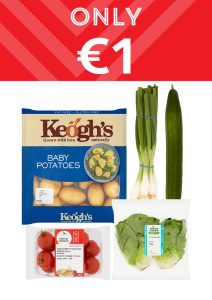 Group image of Keoghs Baby Potatoes, Fresh Choice Market Tomtatoes, Little Gem Lettuce, cucumber and spring onions all now only €1 each