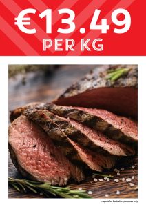 Picture of steak cooked with text at the top that say €13.49 per kg - from the Butcher Counter