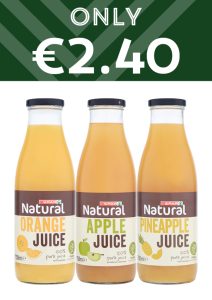 Picture of SPAR Natural Juice (three bottles) with text above images that says only €2.40